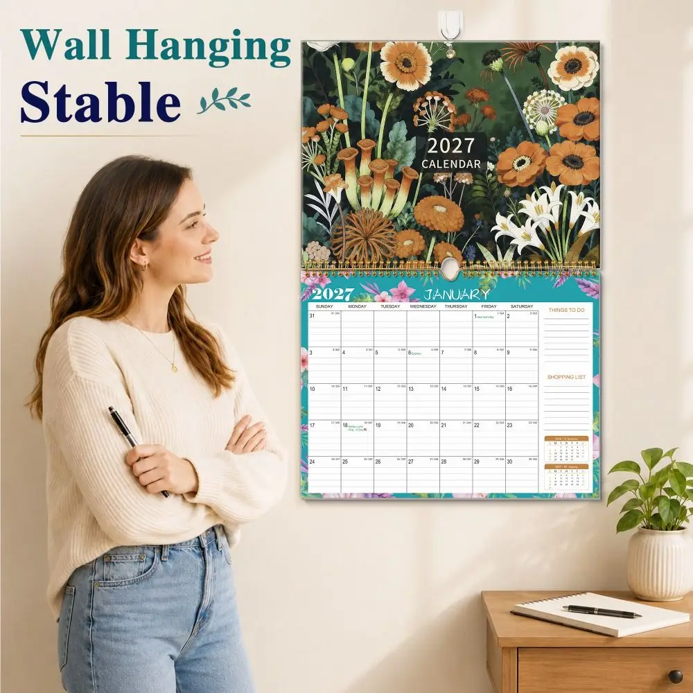 New 2027 Wall Calendar 12 Month Floral Monthly Planner Large Date Block 38 x 32cm Hanging Calendar Home Office