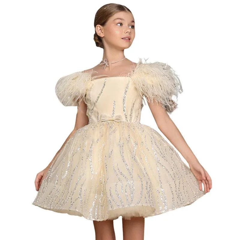 2025, neues Champagner-Party-Prinzessinnenkleid mit Glitzer für Kinder