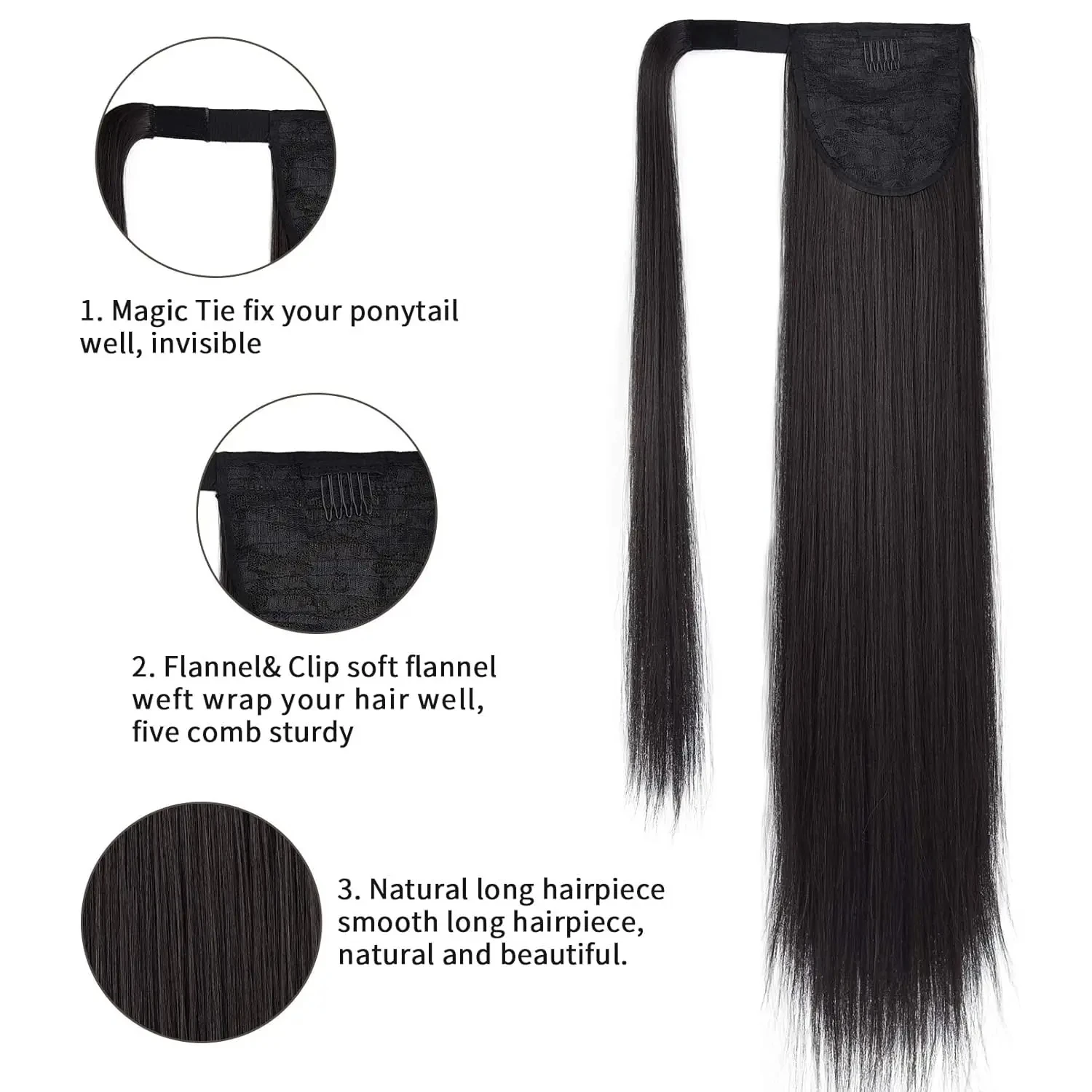 Ponytail Extension 100% Real Human Hair Ponytail Silky Straight Wrap Around Jet Black Clip in Ponytail Hair Extension For Woman