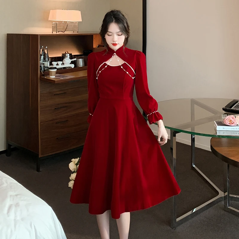 QW Cheongsam Toast Bridal Winter Engagement Autumn Evening Female Wine-Red Chinese Style Velvet Skirt Dress