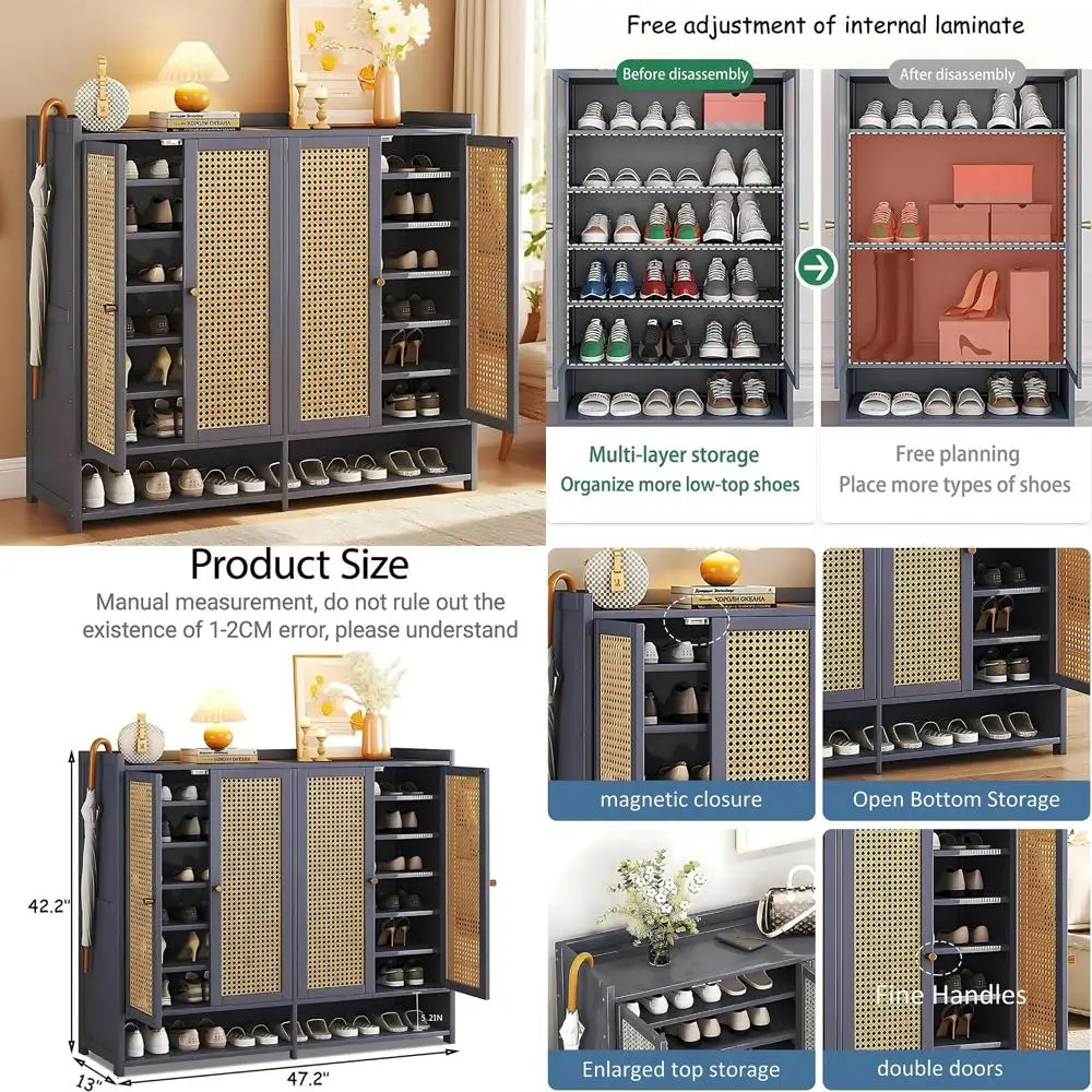 خزانة تخزين الأحذية المصنوعة من الخيزران مع أبواب لـ 40 زوجًا، رف منظم قائم بذاته مكون من 8 طبقات مع أرفف لإدارة الأحذية الفعالة