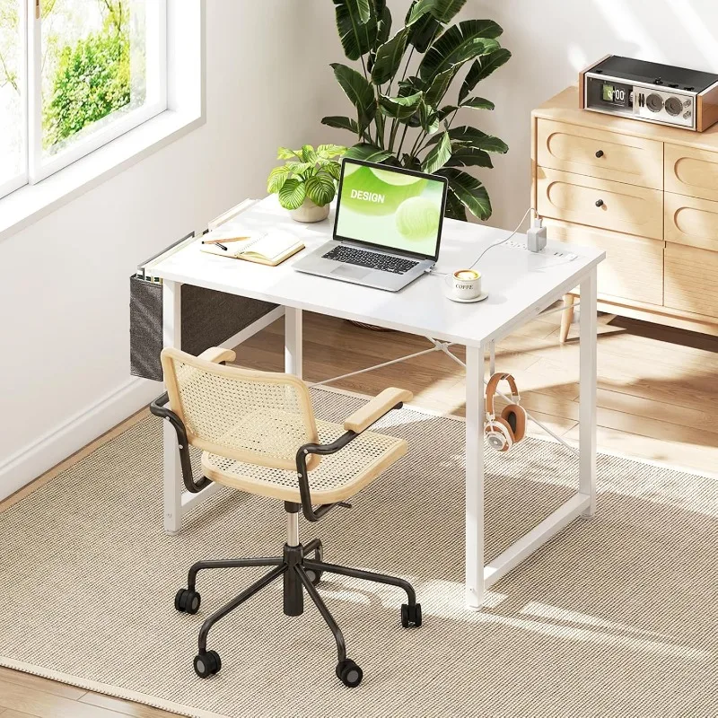 32 inch Small Computer Desk with Power Outlet, Teen Study Table Home Office Work Writing Desks with Charg