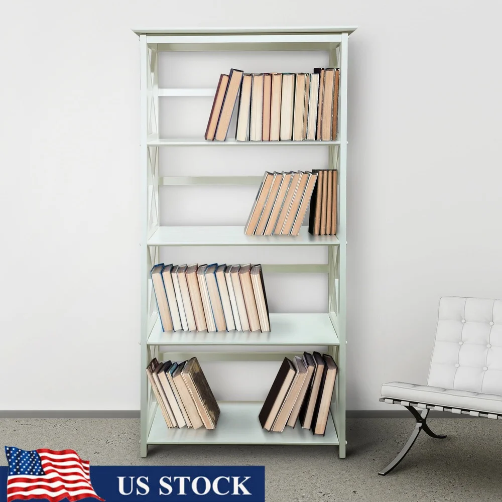 

Contemporary Solid Wood 5-Shelf Bookcase X-Design Home Storage Easy Assembly Modern Furniture White Finish