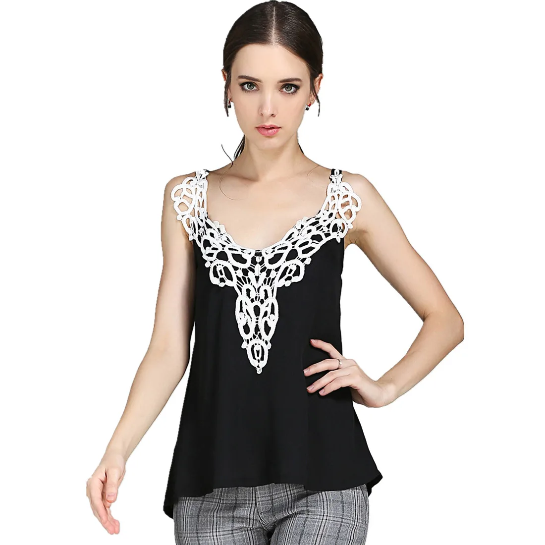 Women's Sling sleeveless slim Lace bottom shirt chiffon blouse female Vest Blouses