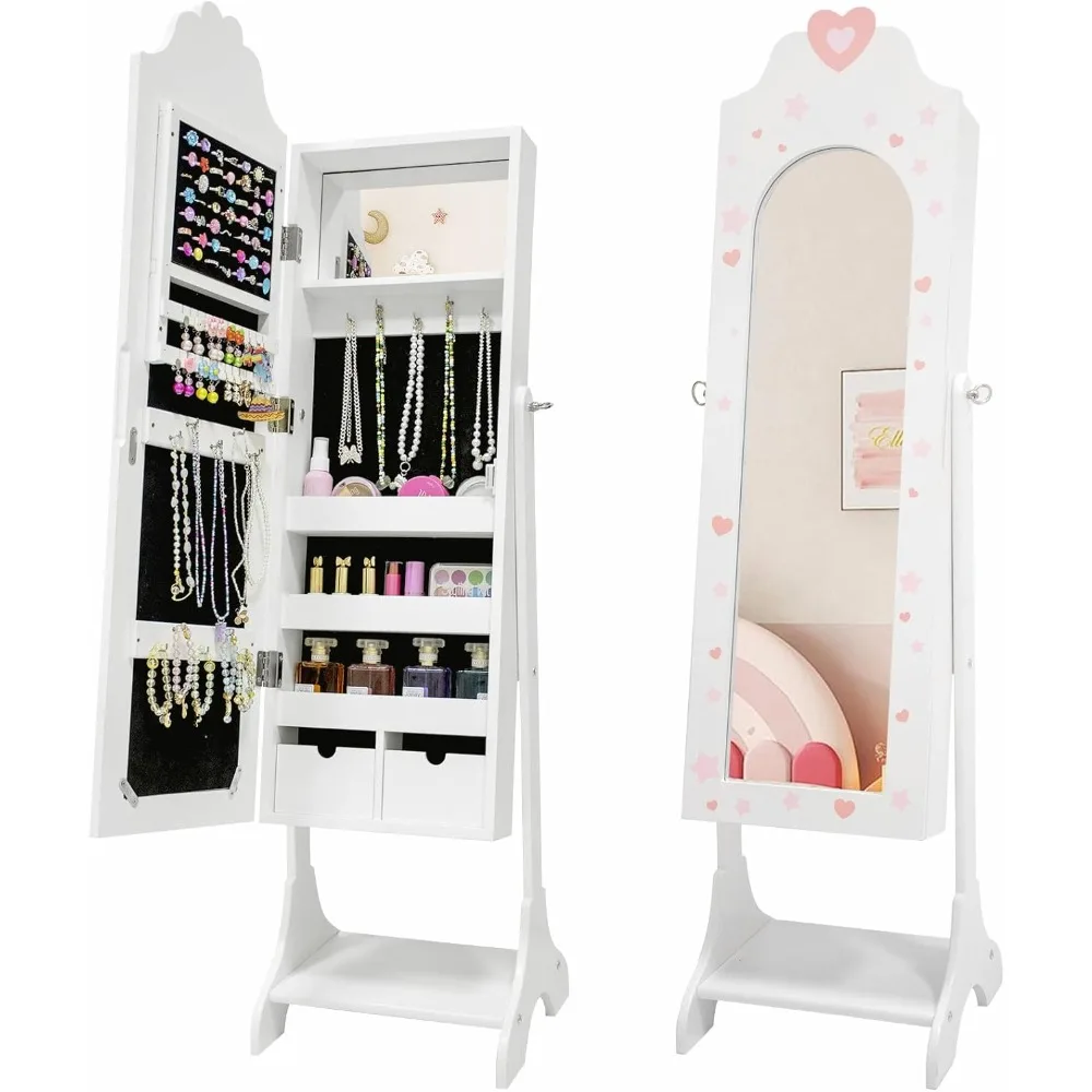 Jewelry Cabinet with Full-Screen Mirror, Cute Heart Print Jewelry Box Vanity Dress Up Mirror Jewelry Armoire