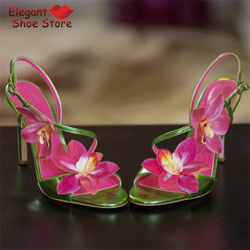 

Orchid Flower Decor Strap High Heels Green Open Toe Ankle Buckle Stiletto Sandals Summer New Fashion Vacation Party Women Shoes