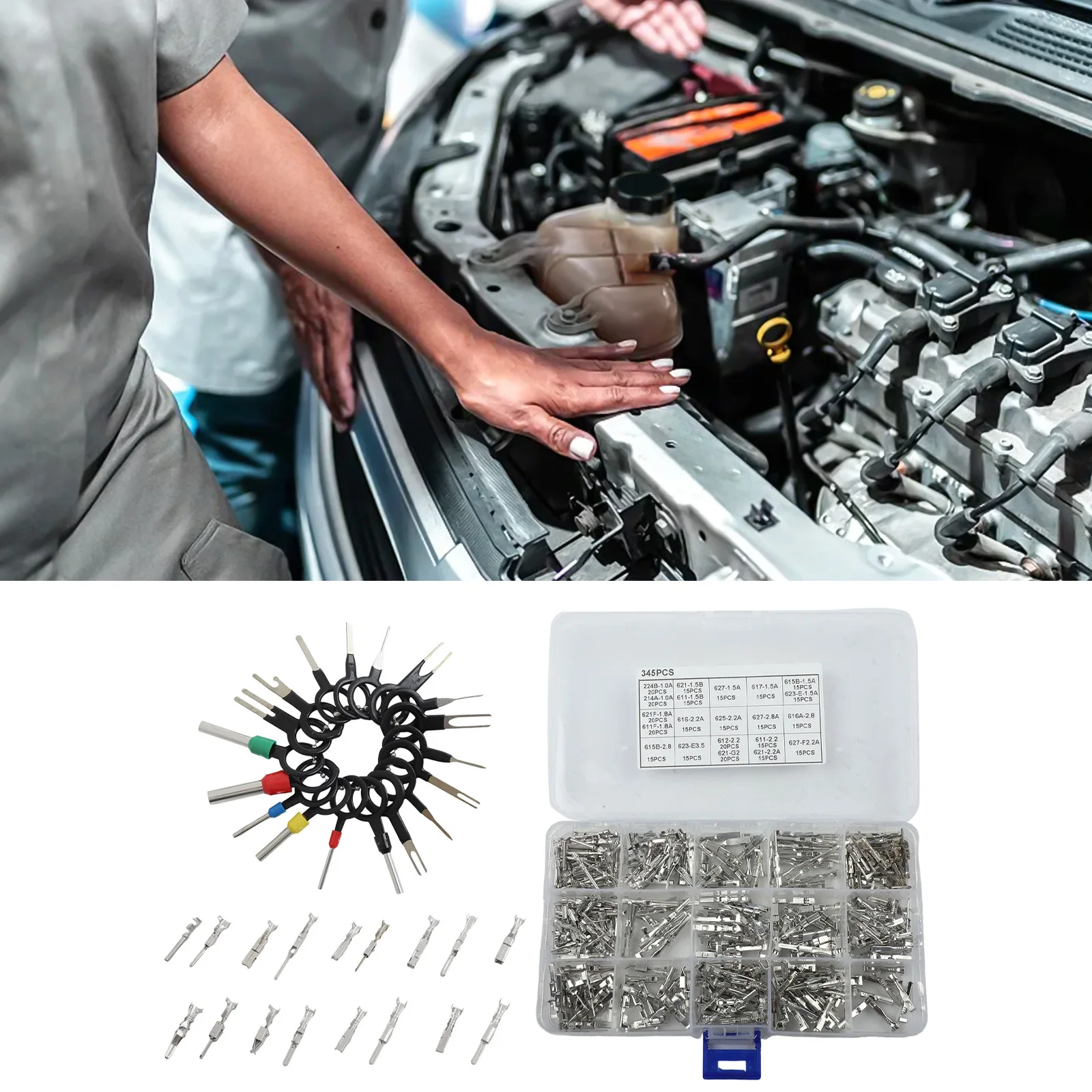 345PCS Wire Harness Connector Kit Includes 18 Tools for Easy Male and Female Pin Connections in Automotive Wiring