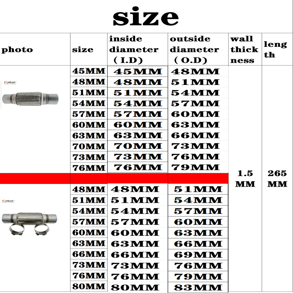 EPLUS Universal Car Exhaust Tube Telescopic Flexible Connection Braid Bellows Stainless Steel Muffler Pipe Connector Welded