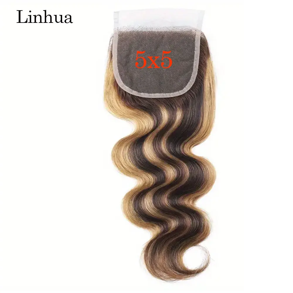 Llinhua-Cabello Humano ondulado de 13x4, encaje transparente, resaltado Frontal, P4/27, 4x4, 5x5, Color marrón miel Rubio