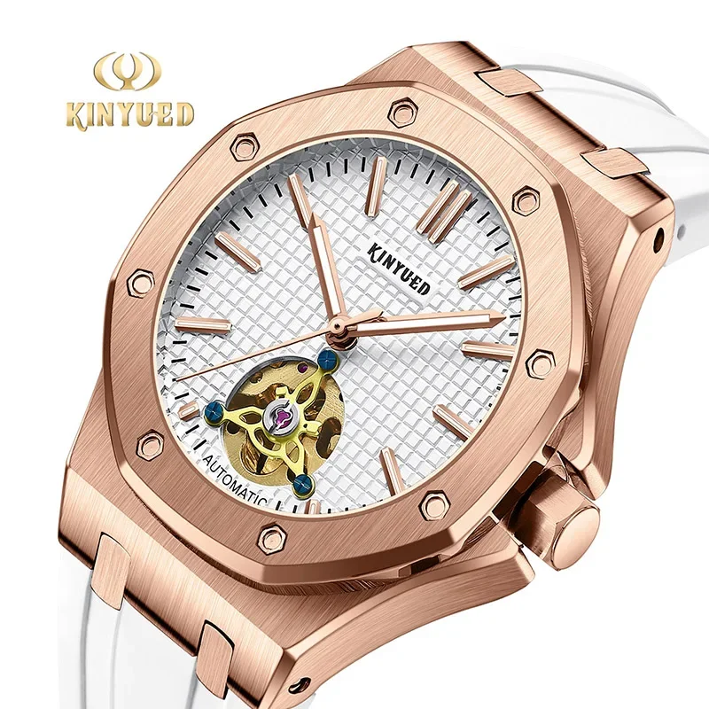 KINYUED Original Brand Men Watch Skeleton Fully Automatic Mechanical Watches 30m Waterproof Luminous Hands Wristwatch for Men