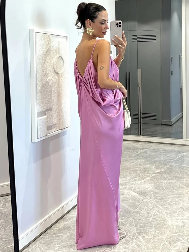 Kliou Zijdeachtig Satijn Ruches Elegante Sling Jurk Vrouw Diepe V-hals Sexy Backless Mouwloos Middernacht Cocktail Party Lange Bodycon