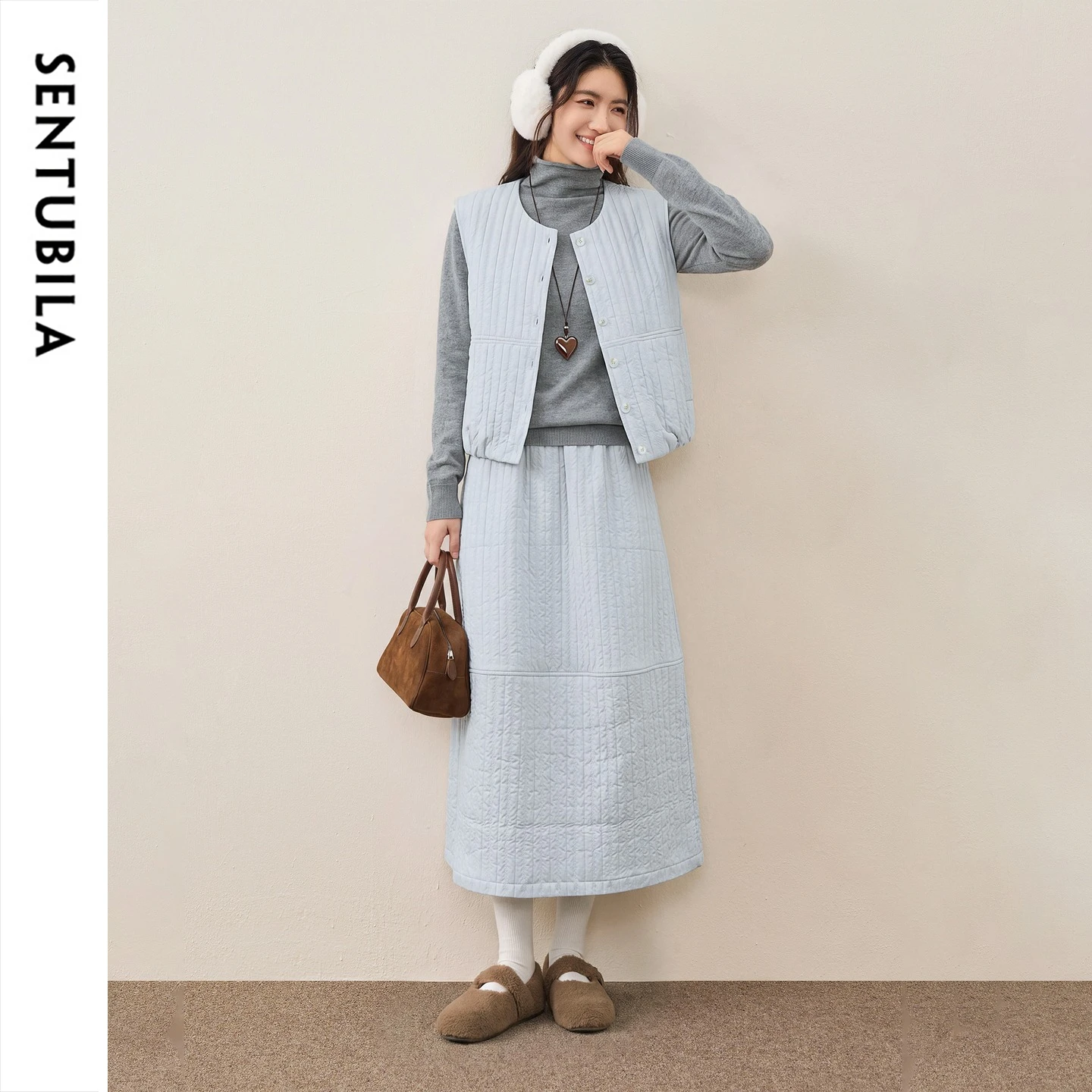 SENTUBILA Women's Winter Two Piece Set Elegant Sleeveless Waistcoat Matching Sets 2026 Round Neck Midi Bud Skirt Suit 164ZC8550