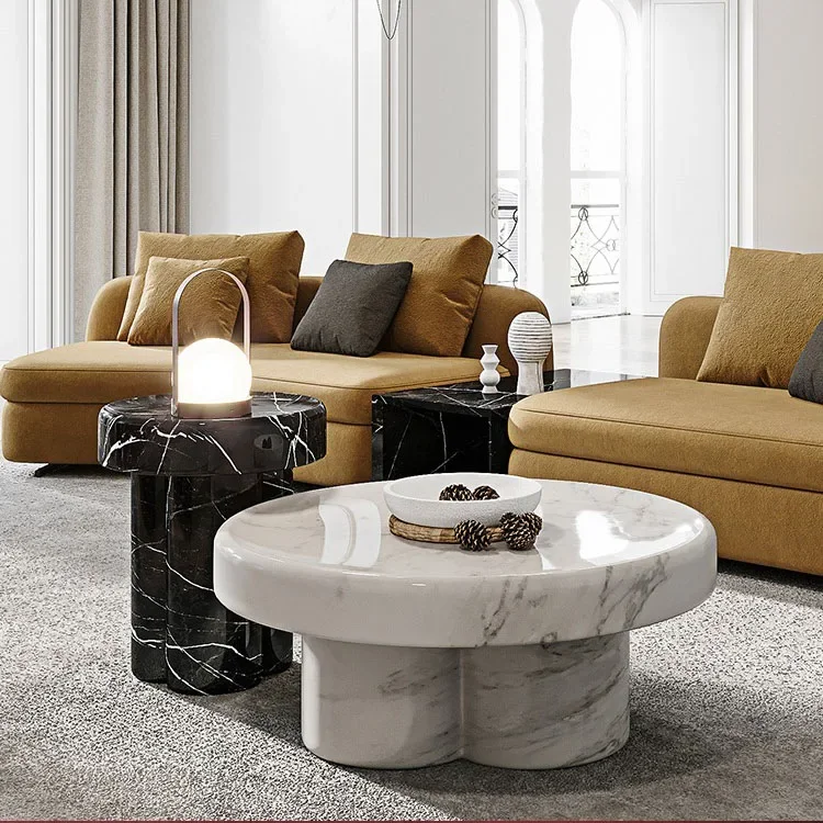 Modern Popular Black White Marble Coffee Table Set Luxury Round Stone Coffee Table