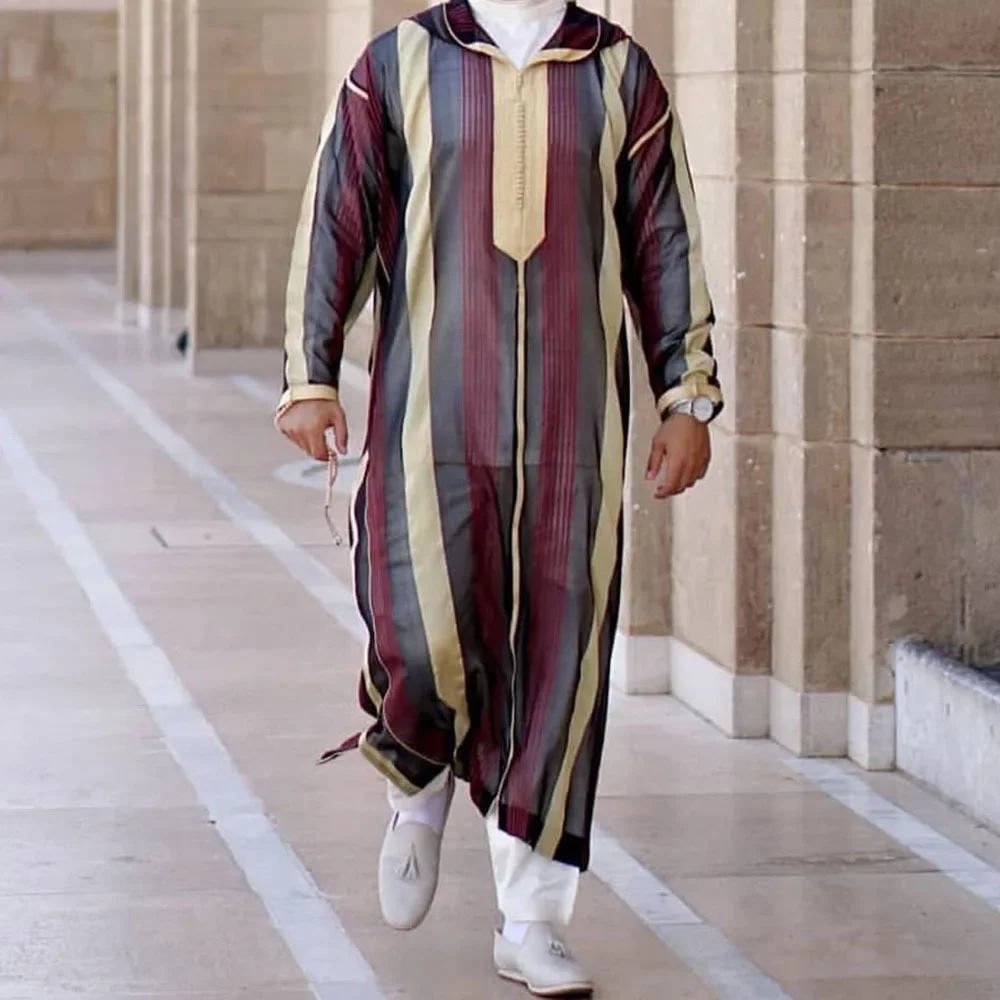 2024 Men\'s New Abaya Muslim Summer Middle Age Lapel Loose Striped Casual Muslim Style Arab Islamic Robe