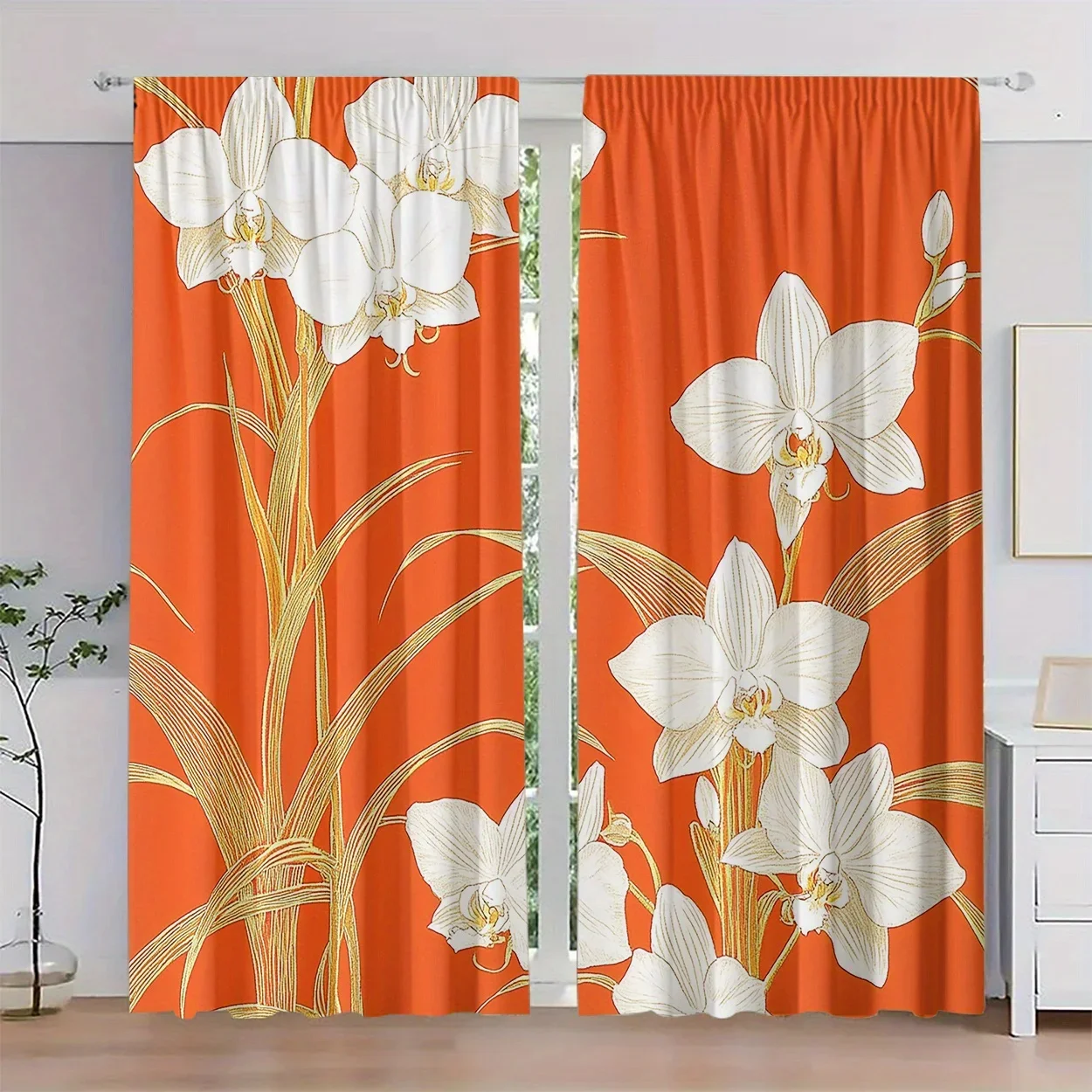 

Orange floral art pattern Print Drapes Room Darkening Window Curtains for Home Decor,Rod Pocket Blackout Curtains Bedroom