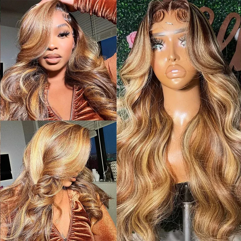 

Термостойкий синтетический парик с медово-русыми и коричневыми прядями, 13x4, с кружевной передней частью, для женщин, недорогой, без клея, с эффектом свободной волны