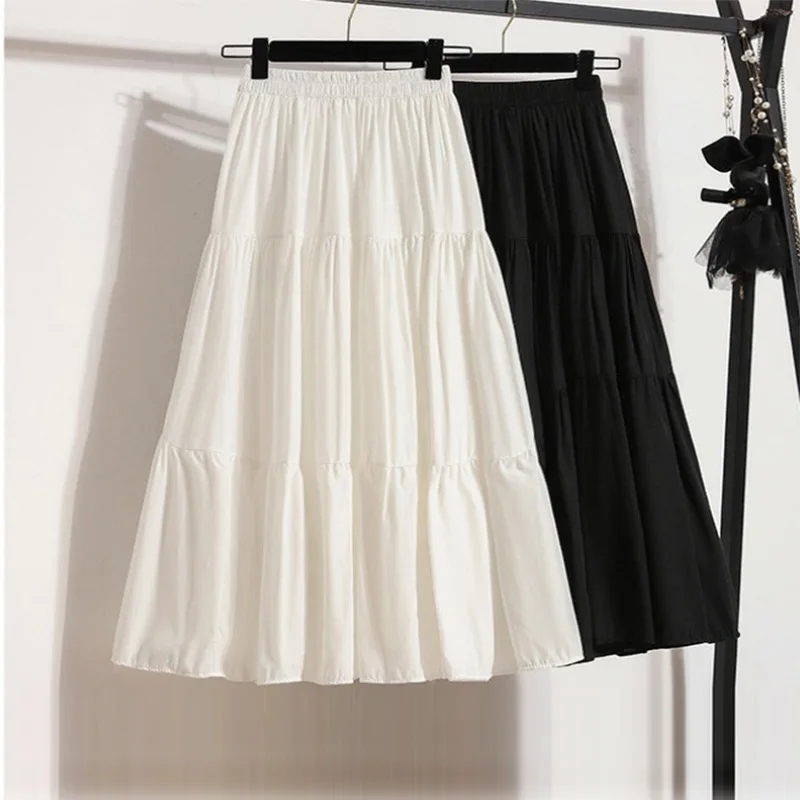 Faldas largas blancas de verano para mujer, falda dulce acampanada de pastel largo coreano elástico de cintura alta, nueva en ropa, tendencia de moda informal