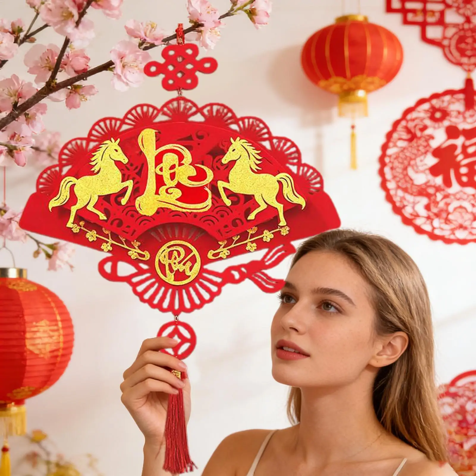 2026 Horse Year Flocked Flat Hanging Ornament The Horse Vietnamese Fu Character Pendant For New Year window Wall Art