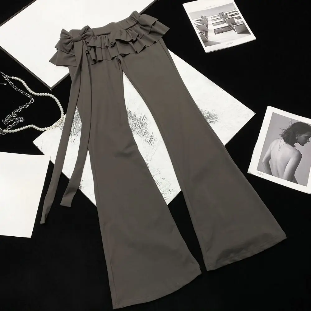 กระโปรงเอี๊ยมผ้าไหมน้ำแข็งสไตล์บัลเล่ต์ กางเกงทรงบาน Y2k เอวต่ำ กางเกงลำลองสำหรับผู้หญิง ทรงเข้ารูปเก๋ไก๋ กางเกงขากว้างระบาย ผู้หญิง