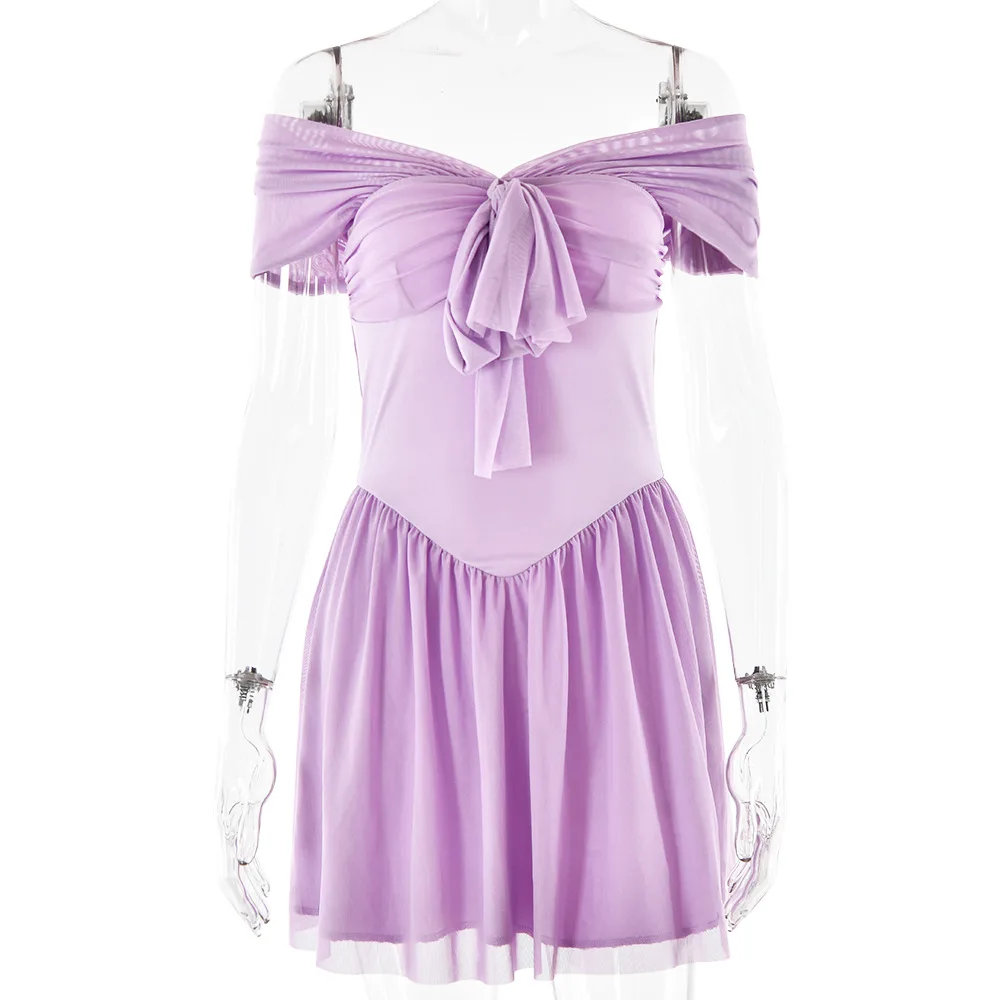 Vestido de noche corto con hombros descubiertos para mujer, minivestido Sexy con dobladillo y volantes, falda con lazo, color púrpura lavanda