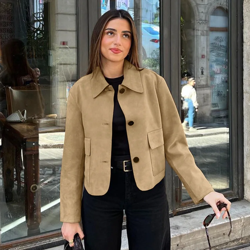 

Vintage Autumn Women Suede Coat Turn Down Collar Single Breasted Big Pockets Jacket For Lady Commuting Versatile Female Overcoat