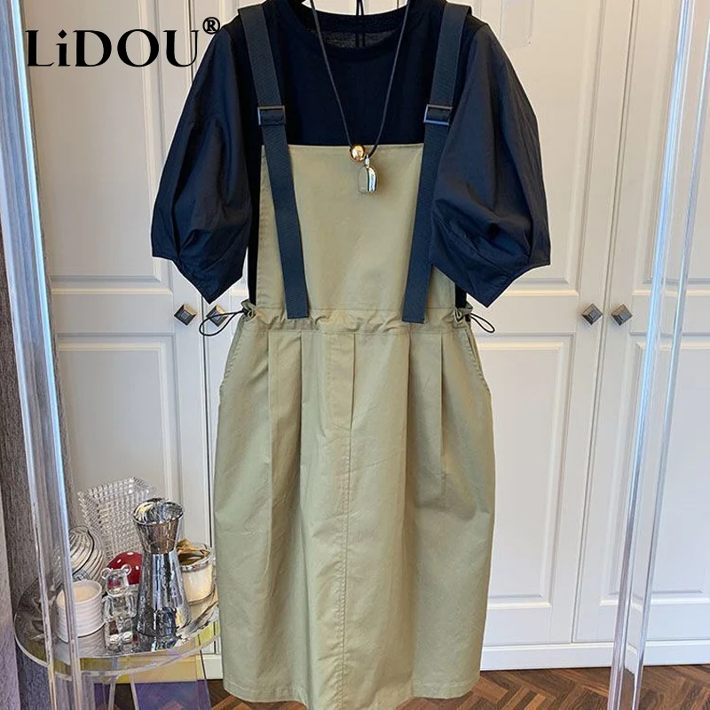 Summer New Two Piece Set Solid Color Round Neck Puff Sleeve Loose T-Shirts + Casual Sling Waist Drawstring Pocket Midi Dress