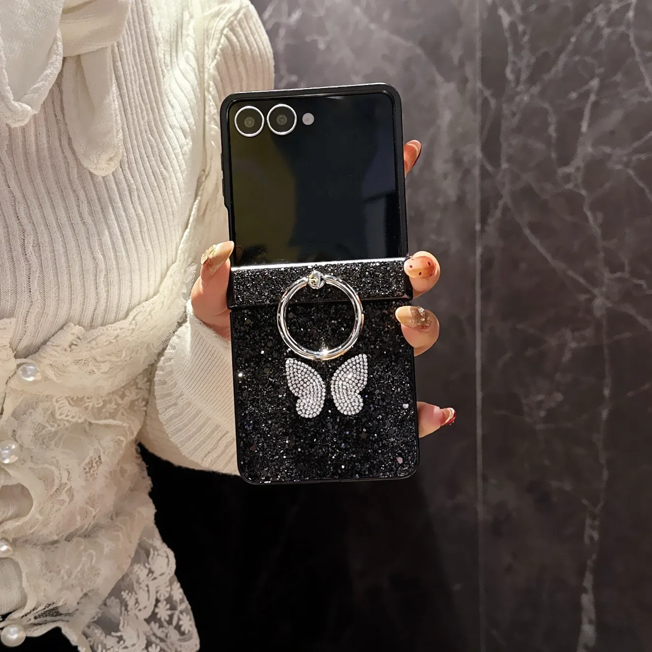 Modische Glitzer-Diamant-Schmetterling Handyhülle für Samsung Z Flip7 FE 7 6 5 Flip7 Flip5 Flip6 Mit Niedlichem Ringständer Handycover