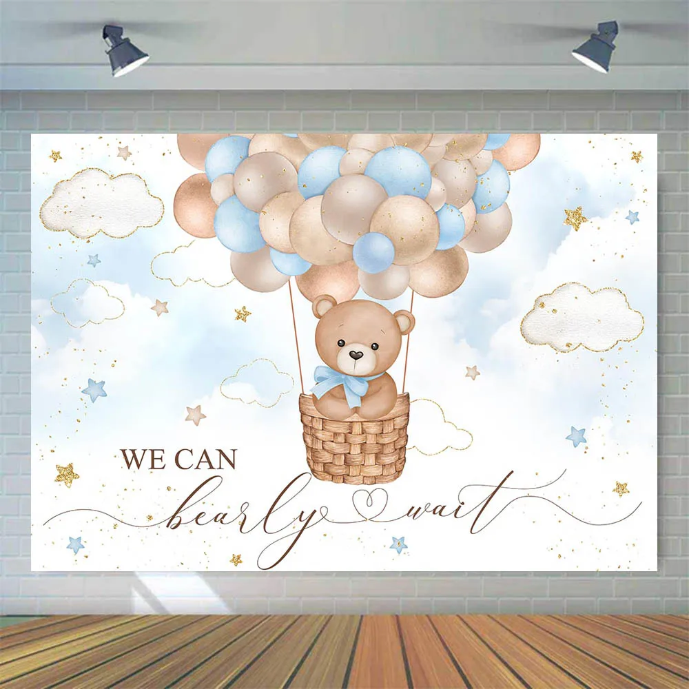 Moclicka latar belakang Pancuran bayi beruang biru balon udara panas dekorasi pesta selamat datang anak laki-laki Kami dapat menunggu mutiara spanduk latar belakang foto
