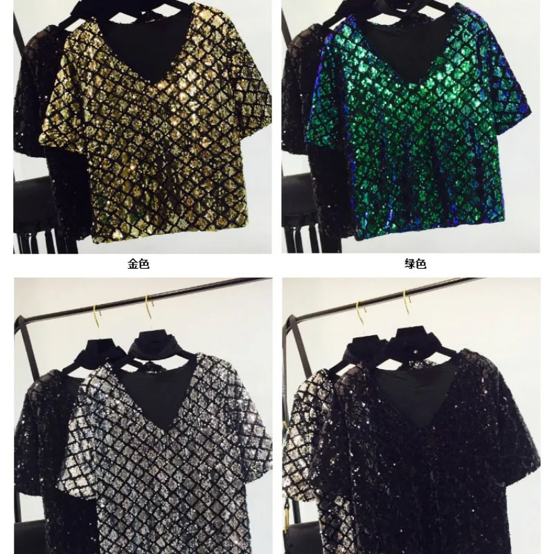 Chic Sequins T-shirt  Loose Diamonds V-neck Beading Tees Short-sleeved Bottoming Shirt Sequined Jumpers Streetwear Dance Tops