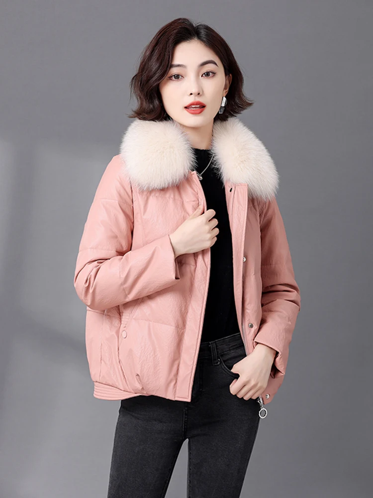   Manteau en cuir véritable Ning pour femme, modèle ort Sle 2025, hiver, nouveau, coupe ajustée, en cuir de vachette, col en fourrure, manteau en fourrure
