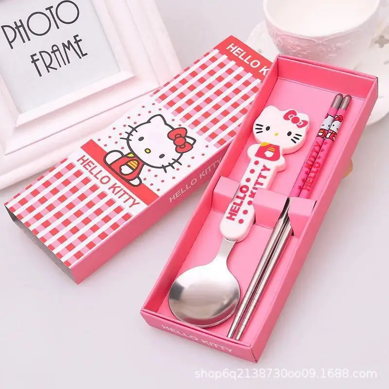 

New Sanrio Kawaii Anime Hello Kitty Chopsticks Spoon Set Cute Cartoon Tableware Stainless Steel Children Toys Gifts for Girls