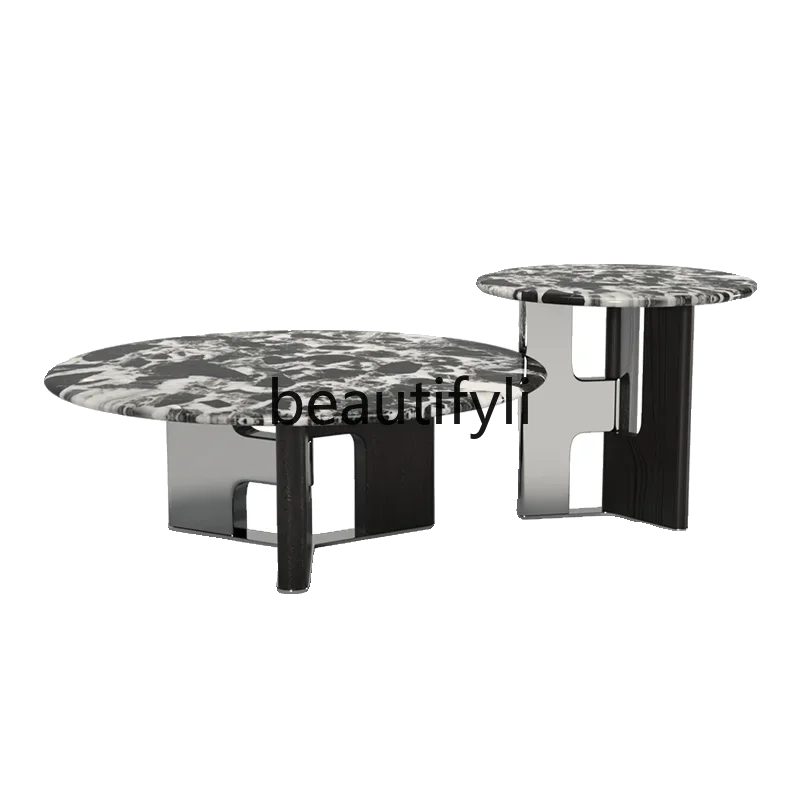 

A16 Italian minimalist black marble coffee table combination round edge stainless steel tea table