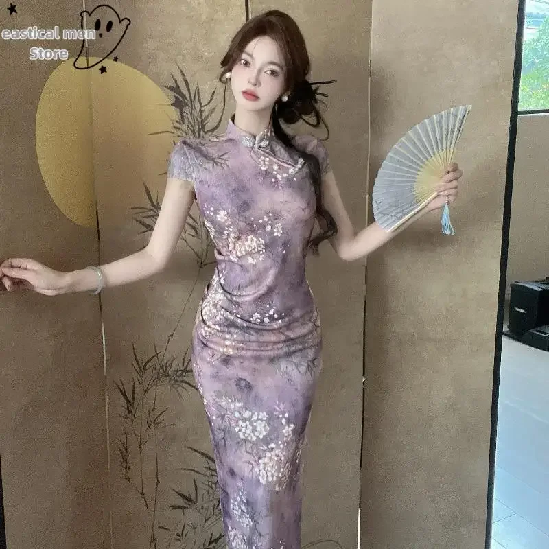 

Женское элегантное платье Chesongams с коротким рукавом, модное Ципао с цветочным принтом, новое платье в китайском стиле, женская одежда для ночного клуба, Vestidos