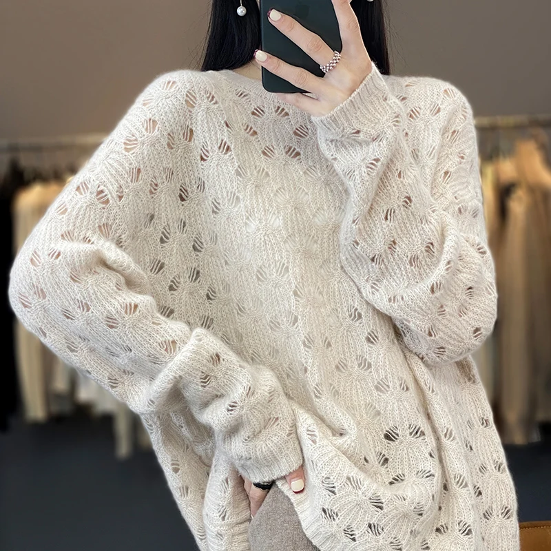 Autumn and Winter New 100 Cashmere Sweater Hook Flower Hollowed-out Jacquard Sweater Long Sleeve Women Loose Lazy Wool Solid Col