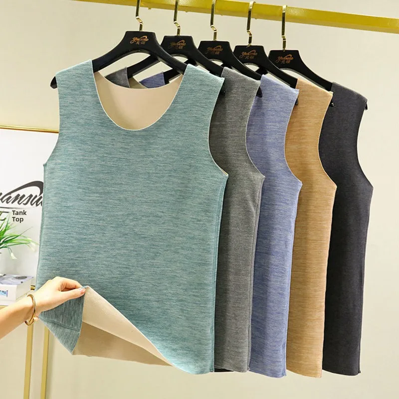 Men's Thermal Fleece Lined Thickened Vest Sleeveless Warmth Enhancement Outerwear Cotton Underwear Single Layer round Neck