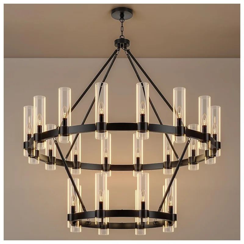 American industrial retro double-layer black wheel glass cover chandelier, round dining room living room duplex floor lamp
