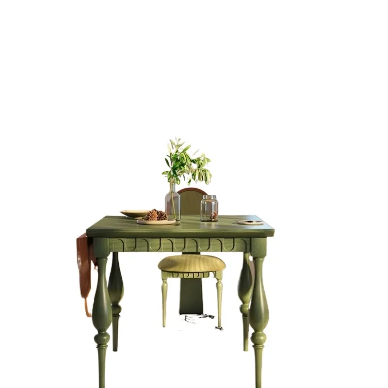 

French retro style solid wood dining tab le household folding French dium-ancient green
