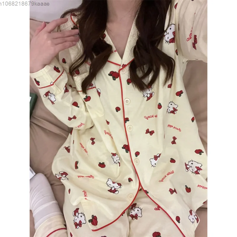 Sanrio Hello Kitty Cartoon Korean Version Cute Pajamas Women New Long Sleeved Sleepwear Y2k Sweet Girl Style Casual Home Clothes