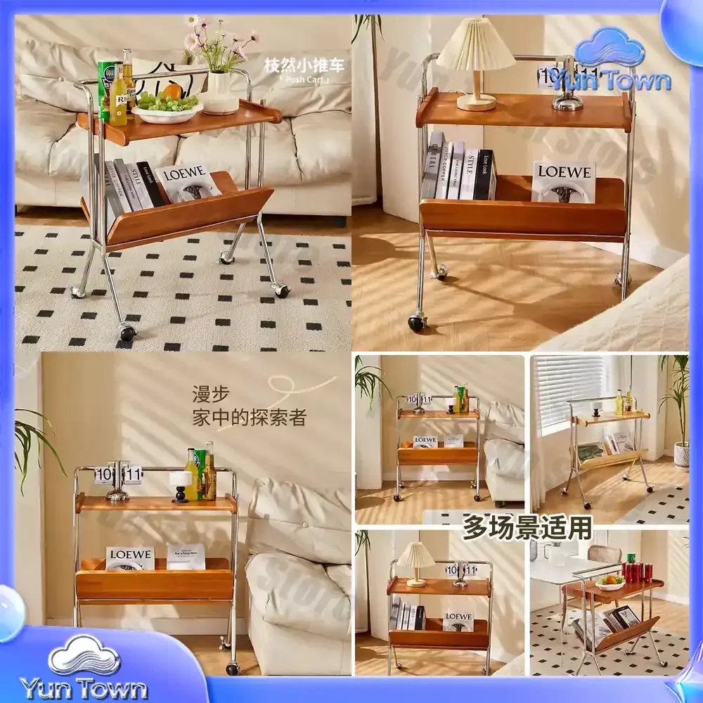 Vintage Holz-Rollwagen Beistelltisch für Wohnzimmer Sofa Nachttisch Aufbewahrungsregal Teetisch für Kleine Räume