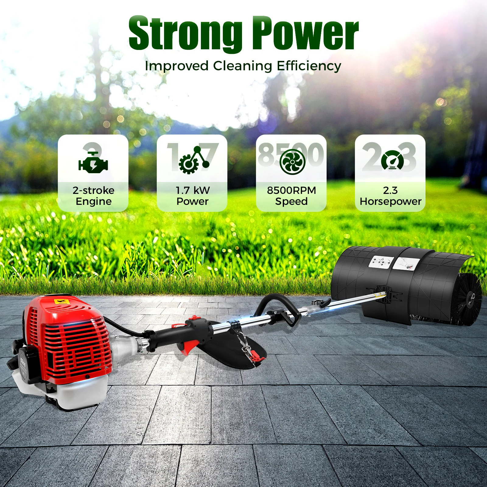 8500RPM Hand Held Sweeper, 2.3HP Artificial Grass Brush Gasoline Powered Broom, 1.7KW Lawn Sweeper