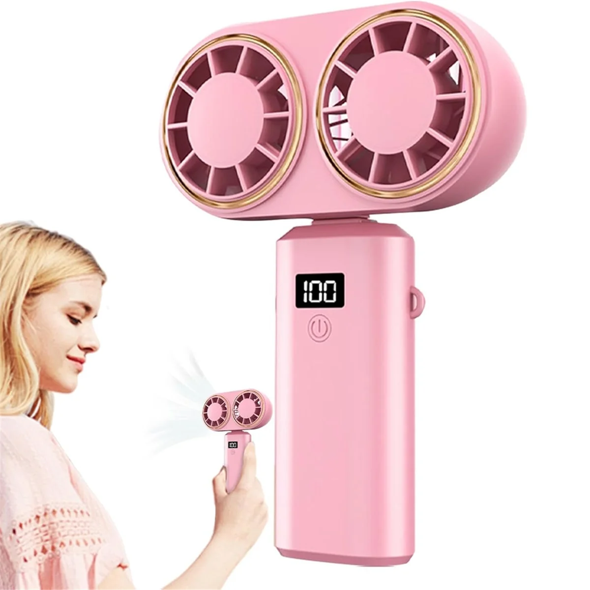 A52QПортативный ручной вентилятор с зарядкой через USB, двойной вентилятор, цифровой дисплей, перезаряжаемая батарея, розовый