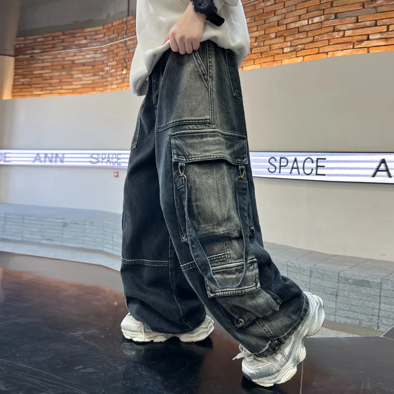 Boy Luxury Thick Fabric Baggy Cargo Jeans with Pocket Tweens Child Street Hip Hop Black Jeans Trousers Kids Denim Cargo Pants