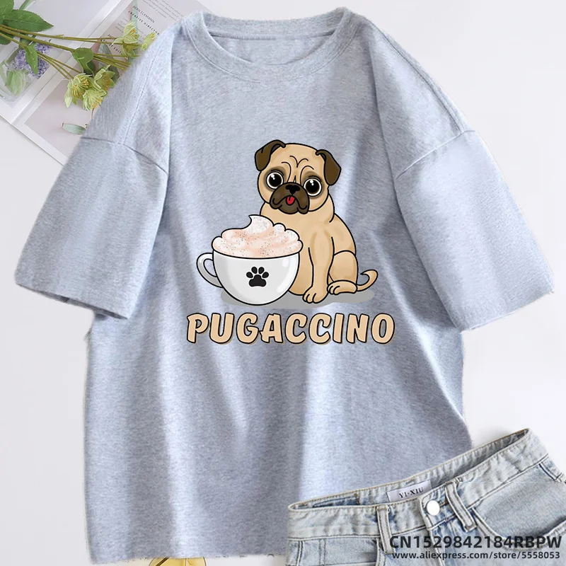 Pugaccino Cute Pug with Cappuccino T Shirt Women Summer Cotton Short Sleeve Tee Shirt Oversized Woman Clothing Woman\'s T Shirts