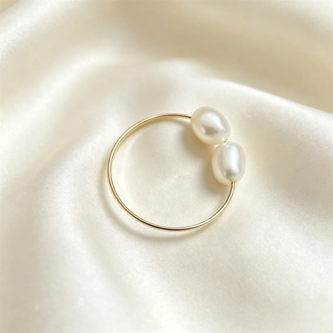Natural Freshwater Pearl Open Ring For Women, Stainless Steel Gold Thin Hoop Ring Minimalist Double Pearls Adjustable Finger Jew