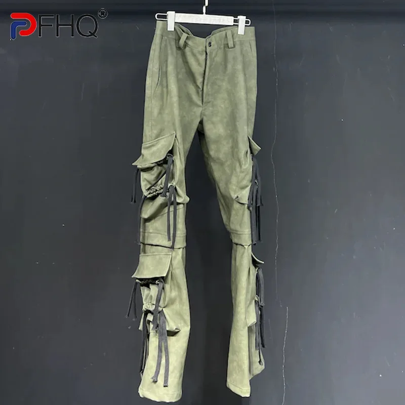 

PFHQ High Street Pu Leather Men's Wide Leg Pants Autumn New China-Chic Straight Function Techwear Multi Pockets Trousers 21Z4306