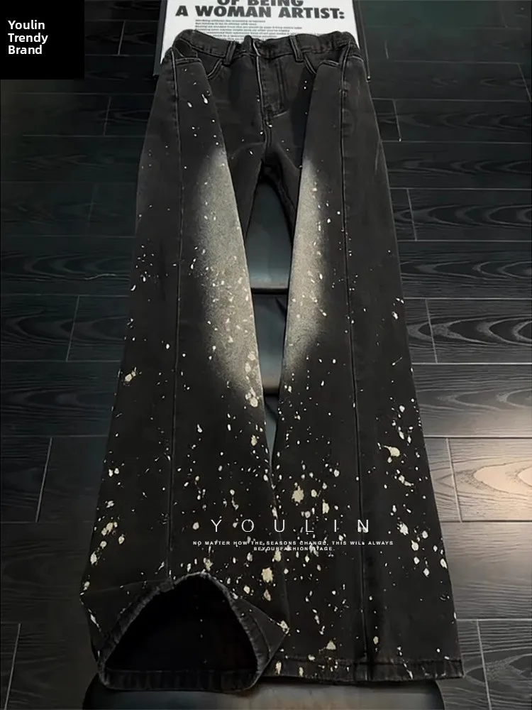 

American Sle Retro Splaed Ink Jeans Men Trendy Brand Haome High-End Feeling Street Straight Leg CleanFit Flared Pants