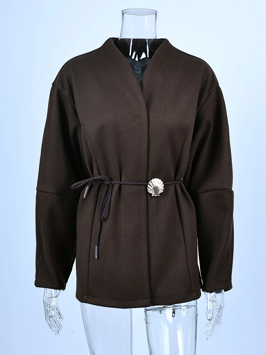 Brown Waist Tie Woolen Jacket for Women Korean Loose Single Breasted Wool Coats Female Commuting V-Neck Warm Fleece Overcoat