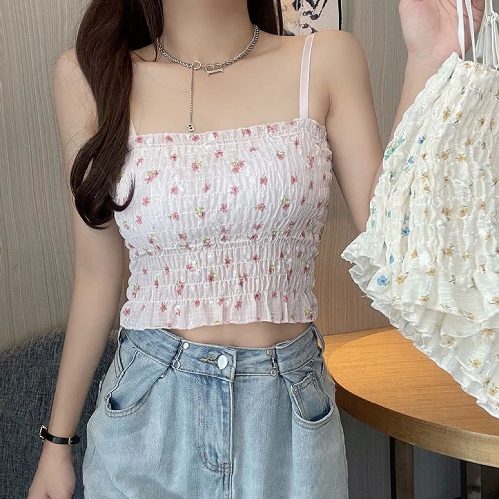 Woman Summer Floral Printed Camisole Sweet Spaghetti Strap Cropped Tank Top With Built In Bra Corset Women Vest With Padded