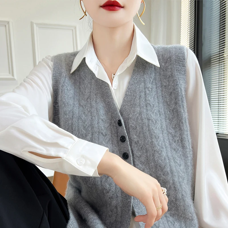 

Fashion Women 100% Merino Wool Sleeveless Fashion Knit Vest Cardigan Cashmere Soft Warm Casual Gentle Solid Color Clothing Top