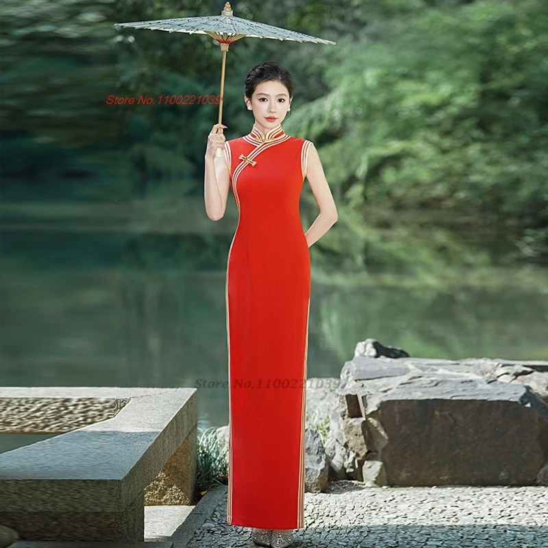 

Китайское торжественное платье 2021, Cheongsam без рукавов, Ципао, традиционное платье для выступления на сцене, улучшенное вечернее платье Ципао для банкета